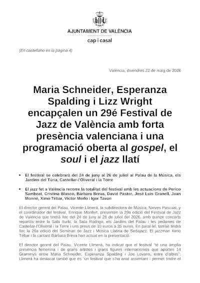 El 29º Festival de Jazz de València con Maria Schneider, Esperanza Spalding y Lizz Wright