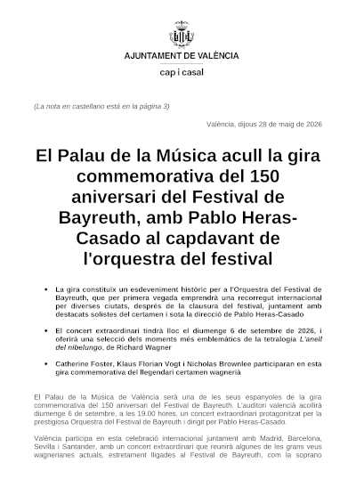 Pablo Heras-Casado dirigirá la gira del 150 aniversario del Festival de Bayreuth en València Pablo Heras-Casado dirigirá la gira del 150 aniversario del Festival de Bayreuth en València