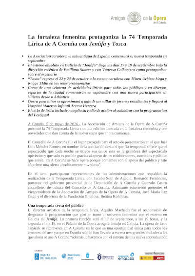 Presentada la 74 Temporada Lírica de Amigos de la Ópera de A Coruña, con Jenůfa y Tosca