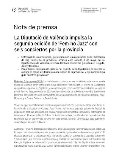 La Diputació de València impulsa la segunda edición de «Fem-ho Jazz» con seis conciertos por la provincia