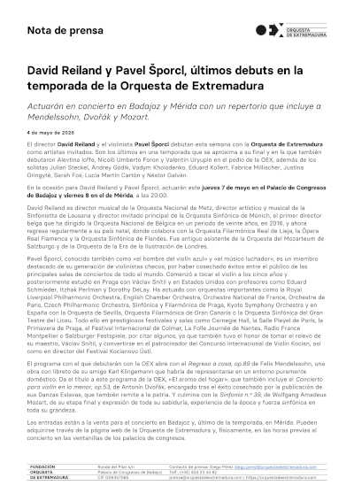 David Reiland y Pavel Šporcl, últimos debuts en la temporada de la Orquesta de Extremadura