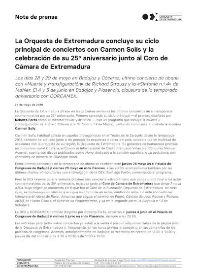 La Orquesta de Extremadura cierra su temporada del 25º aniversario con Carmen Solís y Mahler La Orquesta de Extremadura cierra su temporada del 25º aniversario con Carmen Solís y Mahler