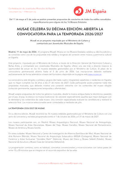 Abierta la convocatoria a la décima edición de MusaE para la temporada 2026/2027