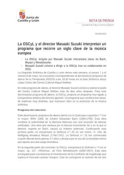 La OSCyL y el director Masaaki Suzuki interpretan un programa que recorre un siglo clave de la música europea