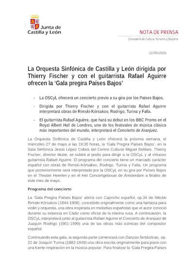 La OSCyL, Thierry Fischer y Rafael Aguirre protagonizan la Gala pregira Países Bajos La OSCyL, Thierry Fischer y Rafael Aguirre protagonizan la Gala pregira Países Bajos