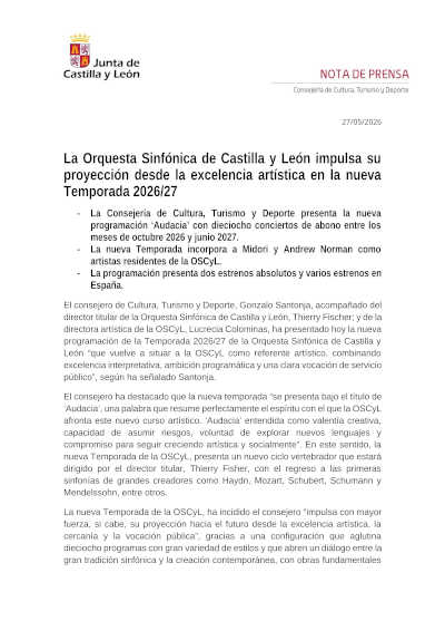 La Orquesta Sinfónica de Castilla y León impulsa su proyección desde la excelencia artística en la Temporada 2026/27 La Orquesta Sinfónica de Castilla y León impulsa su proyección desde la excelencia artística en la Temporada 2026/27