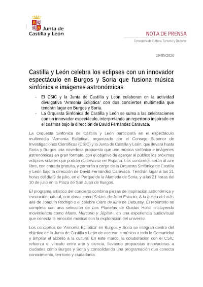Castilla y León celebra los eclipses con Armonía Eclíptica, un espectáculo de la OSCyL entre música y astronomía Castilla y León celebra los eclipses con Armonía Eclíptica, un espectáculo de la OSCyL entre música y astronomía