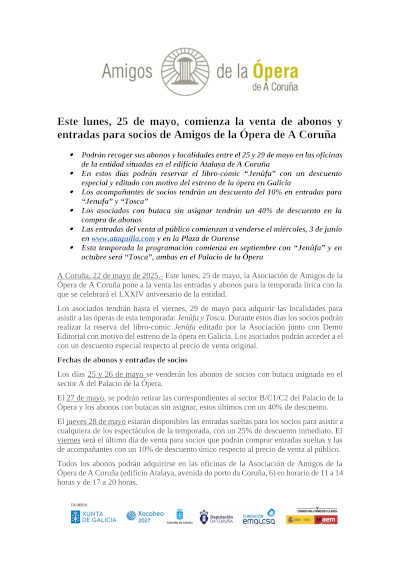 Amigos de la Ópera de A Coruña abre la venta de abonos de su Temporada Lírica 2026