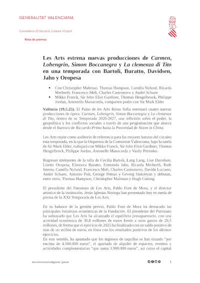 Les Arts presenta su temporada 2026/27 con nuevas producciones de Carmen, Lohengrin y Simon Boccanegra Les Arts presenta su temporada 2026/27 con nuevas producciones de Carmen, Lohengrin y Simon Boccanegra
