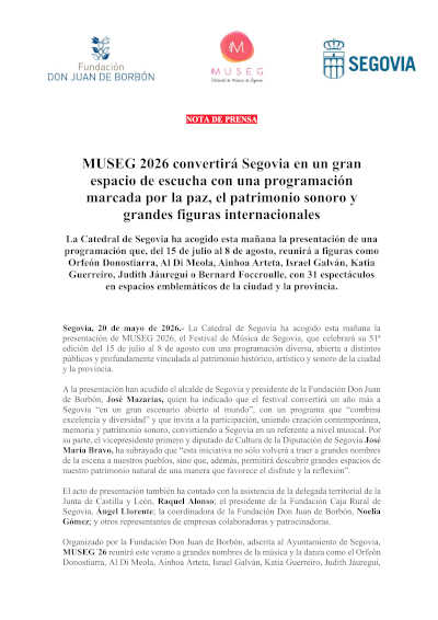 MUSEG 2026 convertirá Segovia en un gran escenario musical con Ainhoa Arteta, Al Di Meola e Israel Galván MUSEG 2026 convertirá Segovia en un gran escenario musical con Ainhoa Arteta, Al Di Meola e Israel Galván