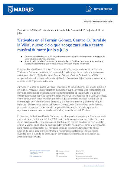 Zarzuela y teatro musical protagonizan los Estivales del Fernán Gómez en Madrid