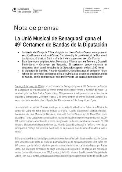 La Unió Musical de Benaguasil gana el 49º Certamen de Bandas de la Diputación