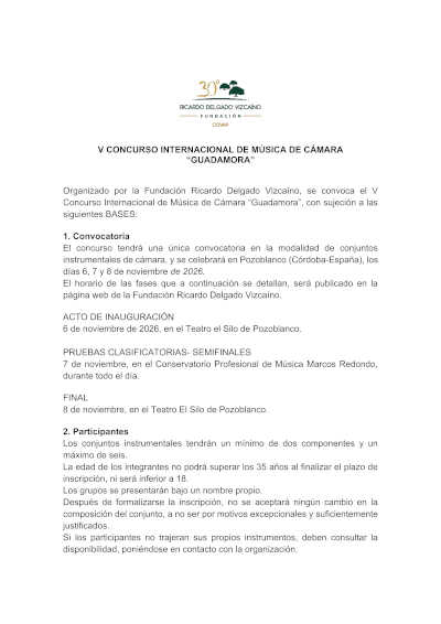 La Fundación Ricardo Delgado Vizcaíno recupera el Concurso Internacional de Música de Cámara Guadamora