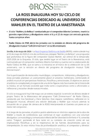 «Mahler y la Belleza», un ciclo de conferencias que inaugura la ROSS en el Teatro de la Maestranza
