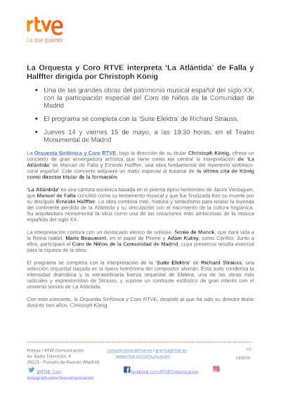 La Orquesta y Coro RTVE interpreta «La Atlántida» de Falla y Halffter dirigida por Christoph König La Orquesta y Coro RTVE interpreta «La Atlántida» de Falla y Halffter dirigida por Christoph König