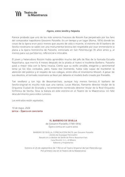 El Maestranza presenta por primera vez el Barbero de Sevilla de Paisiello, el ilustre precedente de Rossini