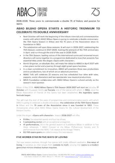 ABAO Bilbao Opera celebra su 75º aniversario con un trienio histórico