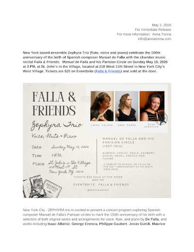 El Zephyra Trio celebra el 150 aniversario de Manuel de Falla con un recital inspirado en su círculo parisino