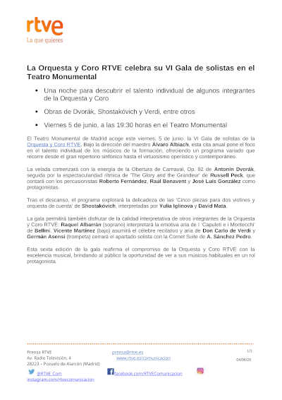 La Orquesta y Coro RTVE celebra su VI Gala de Solistas en el Teatro Monumental de Madrid