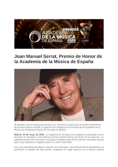 Joan Manuel Serrat recibirá el Premio de Honor de la Academia de la Música de España