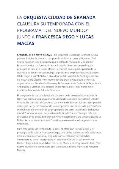 Orquesta Ciudad de Granada clausura temporada con Dvořák, Barber y Francesca Dego Orquesta Ciudad de Granada clausura temporada con Dvořák, Barber y Francesca Dego