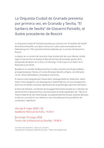 La Orquesta Ciudad de Granada presenta por primera vez, en Granada y Sevilla, “El barbero de Sevilla” de Giovanni Paisiello
