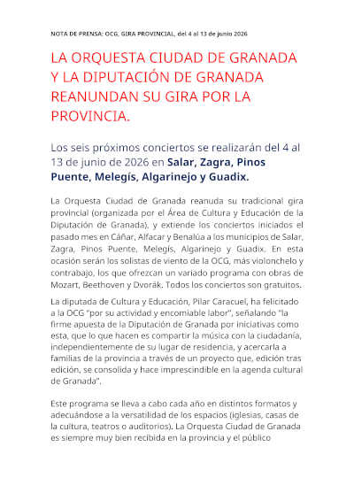 La OCG y la Diputación de Granada amplían su gira provincial con seis nuevos conciertos gratuitos La OCG y la Diputación de Granada amplían su gira provincial con seis nuevos conciertos gratuitos