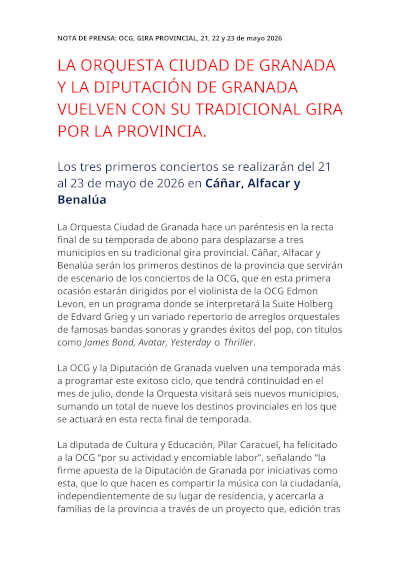 La Orquesta Ciudad de Granada vuelve a recorrer la provincia con conciertos en Cáñar, Alfacar y Benalúa La Orquesta Ciudad de Granada vuelve a recorrer la provincia con conciertos en Cáñar, Alfacar y Benalúa