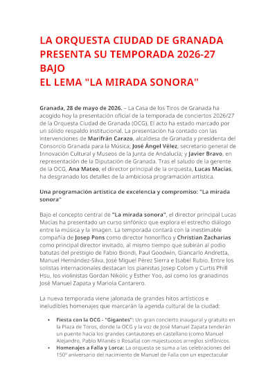 La Orquesta Ciudad de Granada presenta su temporada 2026/27 bajo el lema «La mirada sonora» La Orquesta Ciudad de Granada presenta su temporada 2026/27 bajo el lema «La mirada sonora»