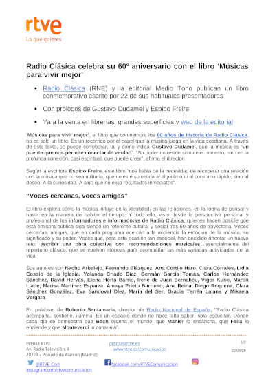 “Músicas para vivir mejor”, el libro con el que Radio Clásica celebra su 60º aniversario “Músicas para vivir mejor”, el libro con el que Radio Clásica celebra su 60º aniversario