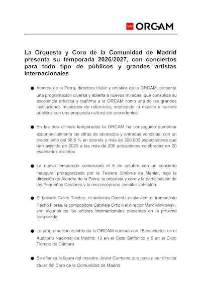 La ORCAM presenta su temporada 2026/2027 con grandes artistas internacionales La ORCAM presenta su temporada 2026/2027 con grandes artistas internacionales