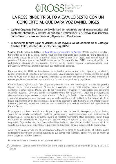 La ROSS lleva el legado de Camilo Sesto al formato sinfónico con Dani Diges La ROSS lleva el legado de Camilo Sesto al formato sinfónico con Dani Diges