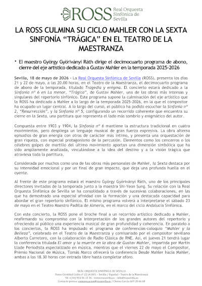 La ROSS culmina su ciclo Mahler con la Sinfonía “Trágica” en el Teatro de la Maestranza