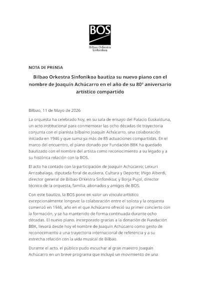 La BOS bautiza con el nombre de Joaquín Achúcarro su nuevo piano La BOS bautiza con el nombre de Joaquín Achúcarro su nuevo piano