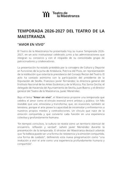 Teatro de la Maestranza presenta la temporada 2026-2027 con ópera, danza y grandes orquestas Teatro de la Maestranza presenta la temporada 2026-2027 con ópera, danza y grandes orquestas