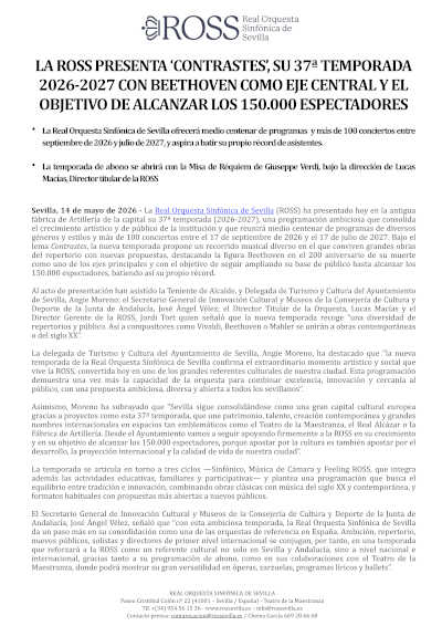La Real Orquesta Sinfónica de Sevilla presenta su temporada 2026/27 con Beethoven como eje La Real Orquesta Sinfónica de Sevilla presenta su temporada 2026/27 con Beethoven como eje