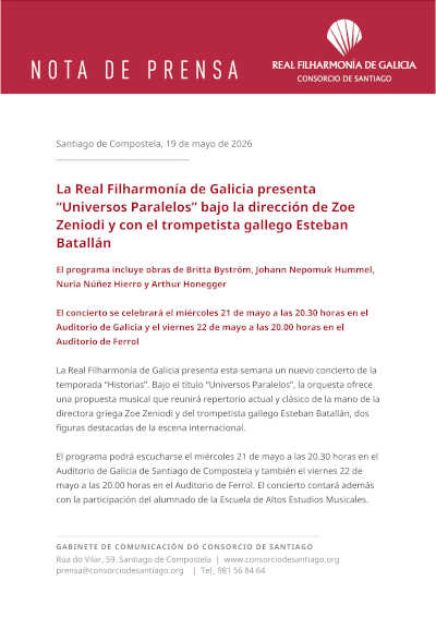 La Real Filharmonía de Galicia estrena “Universos Paralelos” con Zoe Zeniodi y Esteban Batallán La Real Filharmonía de Galicia estrena “Universos Paralelos” con Zoe Zeniodi y Esteban Batallán