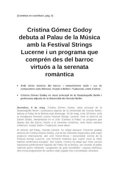 Cristina Gómez Godoy debuta en el Palau de la Música con la Festival Strings Lucerne