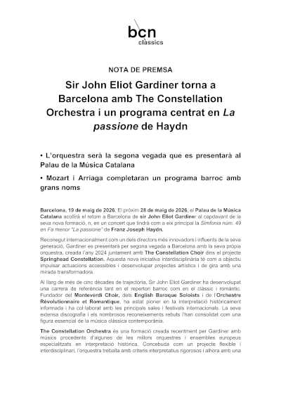 Sir John Eliot Gardiner regresa a Barcelona con Haydn y The Constellation Orchestra Sir John Eliot Gardiner regresa a Barcelona con Haydn y The Constellation Orchestra