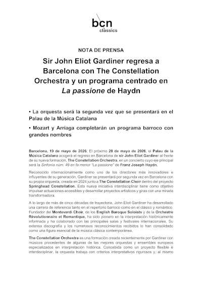 Sir John Eliot Gardiner regresa a Barcelona con Haydn y The Constellation Orchestra Sir John Eliot Gardiner regresa a Barcelona con Haydn y The Constellation Orchestra