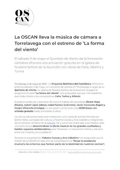 La OSCAN estrena «La forma del viento» y lleva la música de cámara a Torrelavega