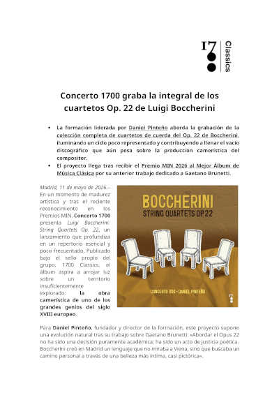 Concerto 1700 graba la integral de los cuartetos Op. 22 de Luigi Boccherini Concerto 1700 graba la integral de los cuartetos Op. 22 de Luigi Boccherini