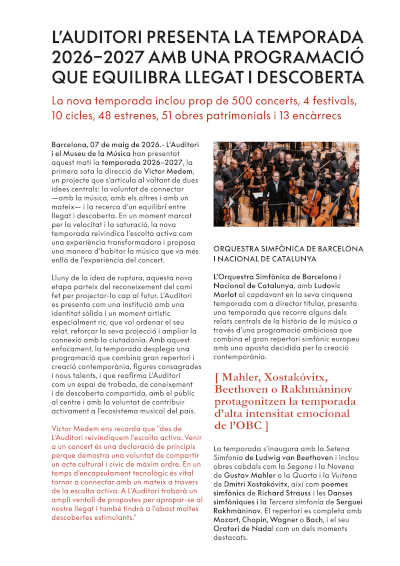 L’Auditori de Barcelona presenta su nueva temporada con Medem como director, Dudamel, Mahler y 48 estrenos