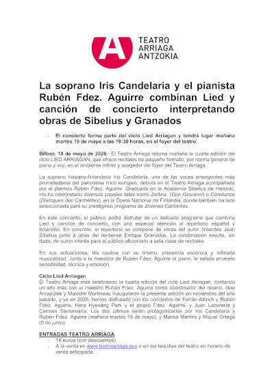 Iris Candelaria y Rubén Fernández Aguirre interpretan obras de Sibelius y Granados
