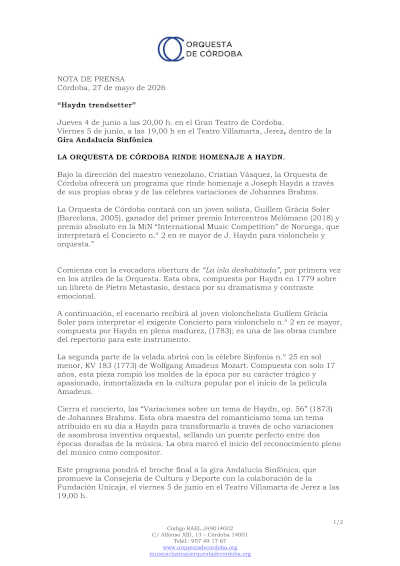 La Orquesta de Córdoba rinde homenaje a Haydn con Cristian Vásquez y Guillem Gràcia Soler La Orquesta de Córdoba rinde homenaje a Haydn con Cristian Vásquez y Guillem Gràcia Soler