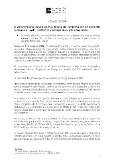 Steven Isserlis debuta en Pamplona con un concierto dedicado a Haydn, Beethoven y Arriaga en su 200 aniversario