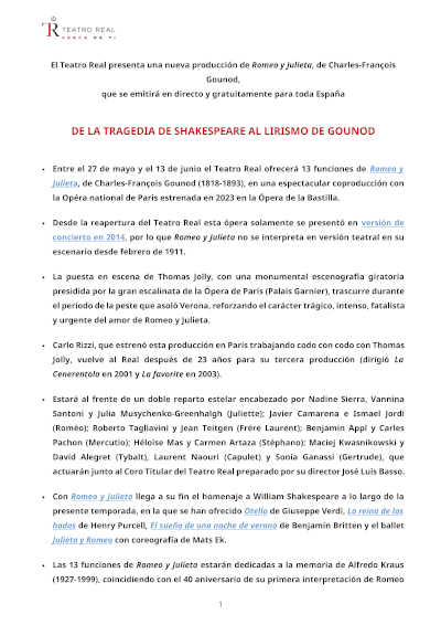 El Teatro Real retransmitirá gratis “Romeo y Julieta” para toda España El Teatro Real retransmitirá gratis “Romeo y Julieta” para toda España