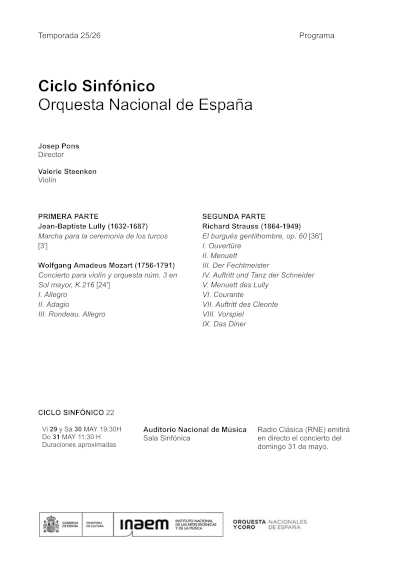 Josep Pons regresa a la ONE con Strauss, Mozart y Valerie Steenken como solista Josep Pons regresa a la ONE con Strauss, Mozart y Valerie Steenken como solista