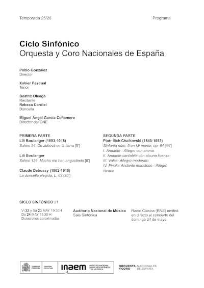 Pablo González dirige a la OCNE con obras de Boulanger, Debussy y Chaikovski en el Auditorio Nacional Pablo González dirige a la OCNE con obras de Boulanger, Debussy y Chaikovski en el Auditorio Nacional