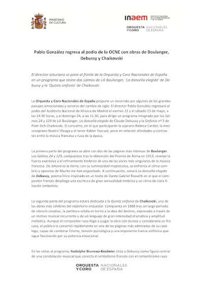 Pablo González dirige a la OCNE con obras de Boulanger, Debussy y Chaikovski en el Auditorio Nacional Pablo González dirige a la OCNE con obras de Boulanger, Debussy y Chaikovski en el Auditorio Nacional